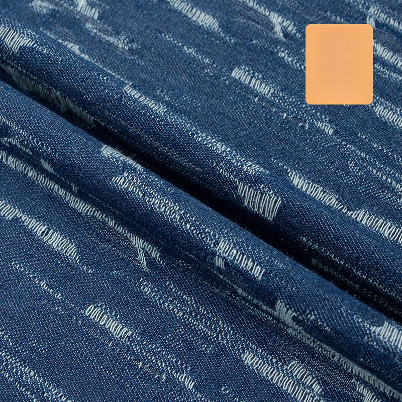 Washed Jacquard Denim Fabric, Thick Bark-Weave Cotton for Jackets & Bags - Medium Blue
