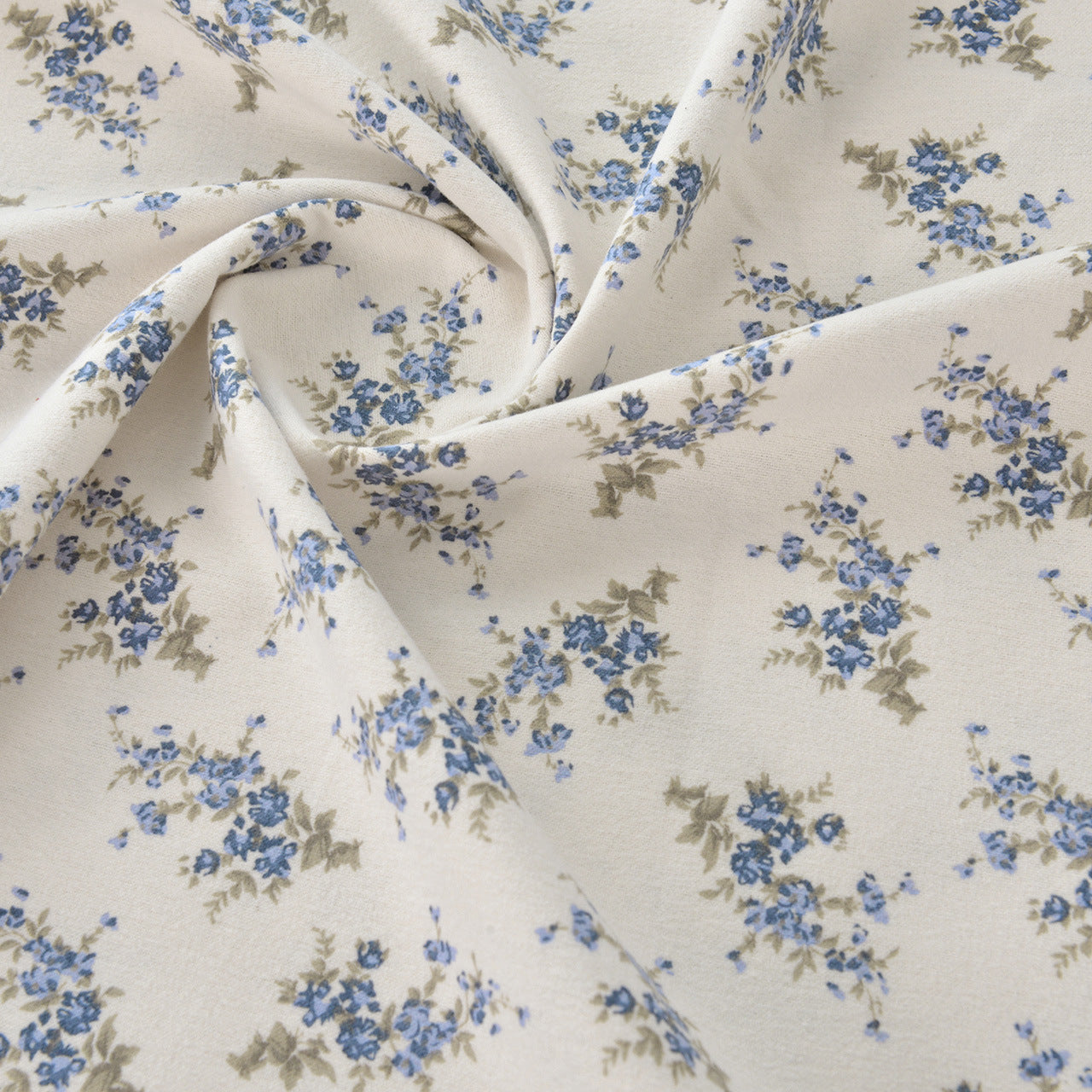 Floral Brushed Cotton Fabric - Dress & Home Decor by the Yard - Beige Brown Leaf Blue Flower