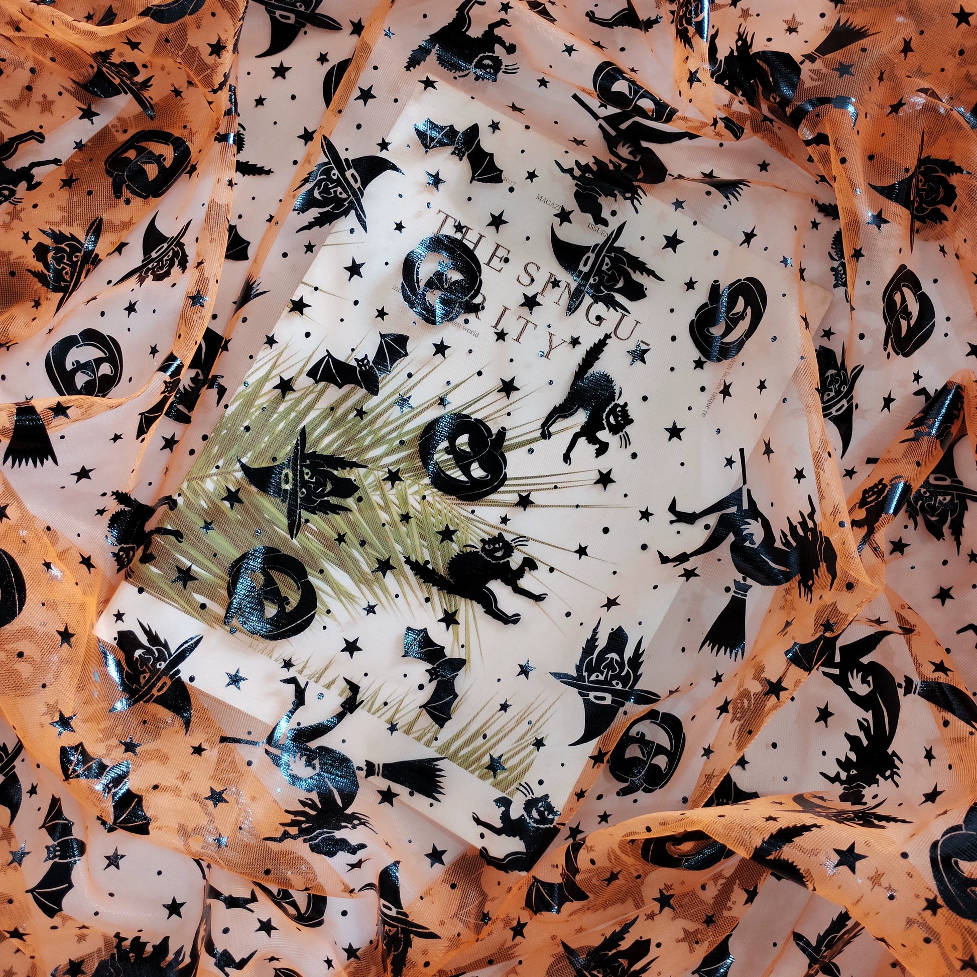 Halloween Foil Spiderweb Mesh, Sheer Net Fabric for Party Decor - Pumpkin Witch