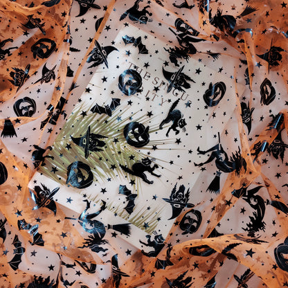 Halloween Foil Spiderweb Mesh, Sheer Net Fabric for Party Decor - Pumpkin Witch