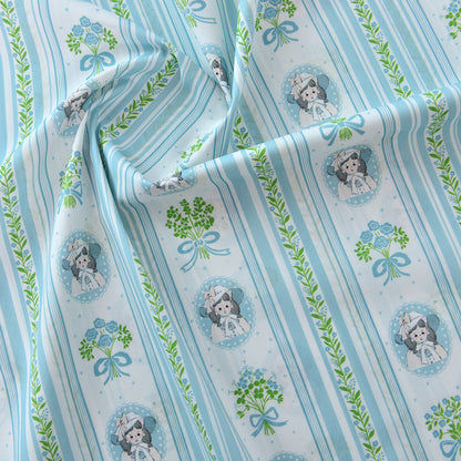 Vintage Floral Cotton Fabric, 60s Print Cloth for Kids Dresses & Dolls - Teal Stripe Lady
