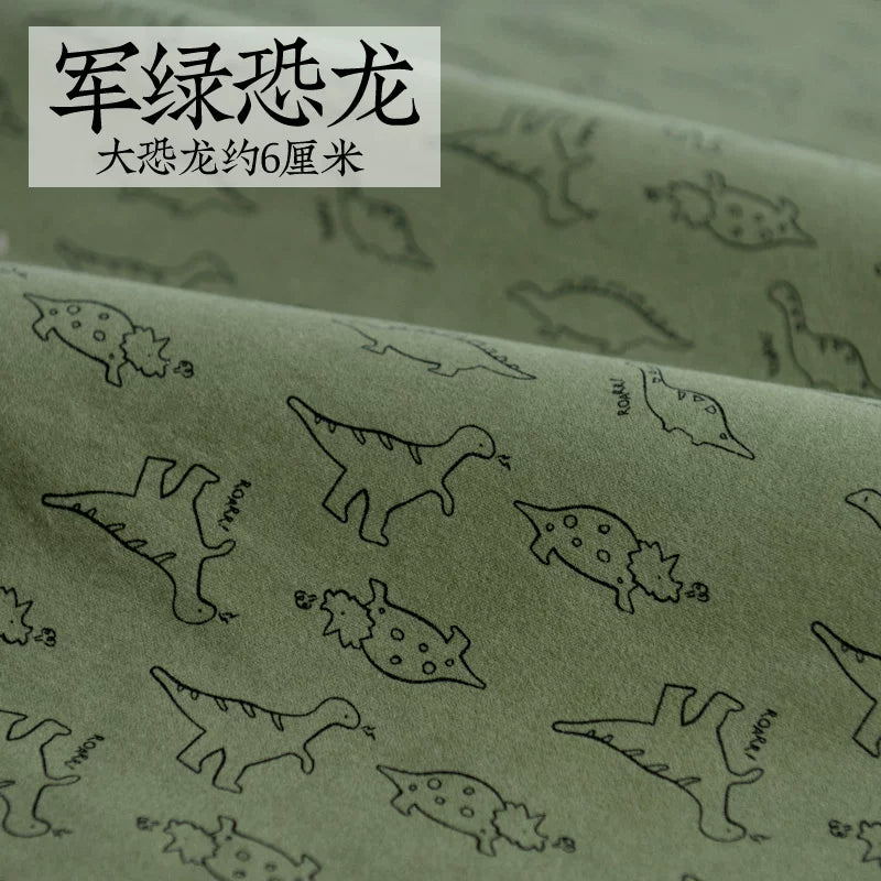 Brushed Cotton Flannel Fabric, Kids Prints, for Kids' Wear, Pajamas & DIY - Army Green Dinosaur