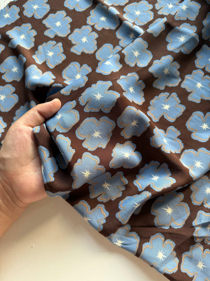 Polyester Satin Print Fabric, Blue Brown Floral, for Dresses, Blouses & Skirts