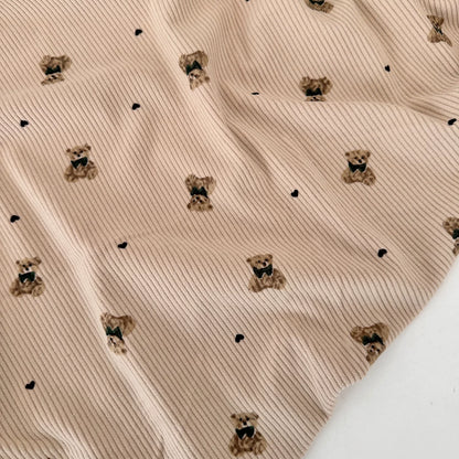 Printed Cotton Corduroy Fabric, for Dresses & Cushions - Corduroy Scarf Bear Khaki