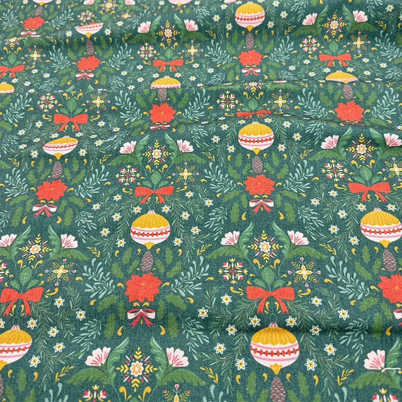 Christmas Print Cotton-Linen Fabric, Encrypted Woven Cloth for Decor & DIY - Green Festive