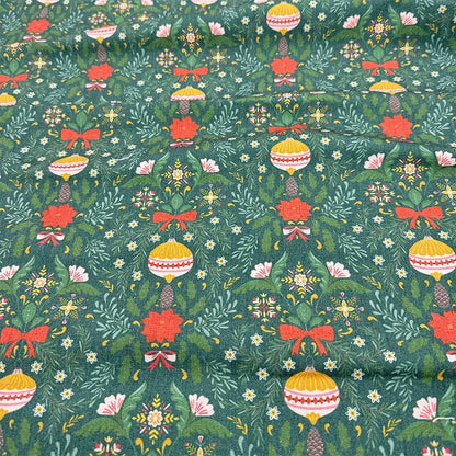 Christmas Print Cotton-Linen Fabric, Encrypted Woven Cloth for Decor & DIY - Green Festive