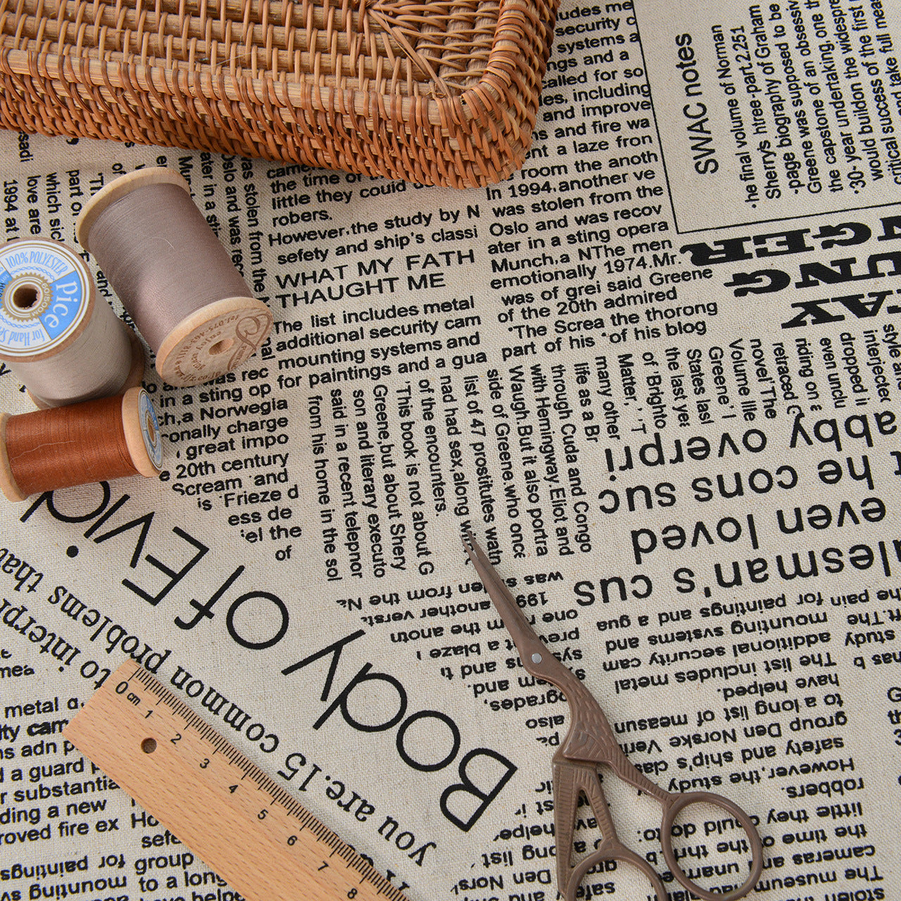 Vintage Newspaper Printed Cotton Fabric - Craft Table Linen by the Yard