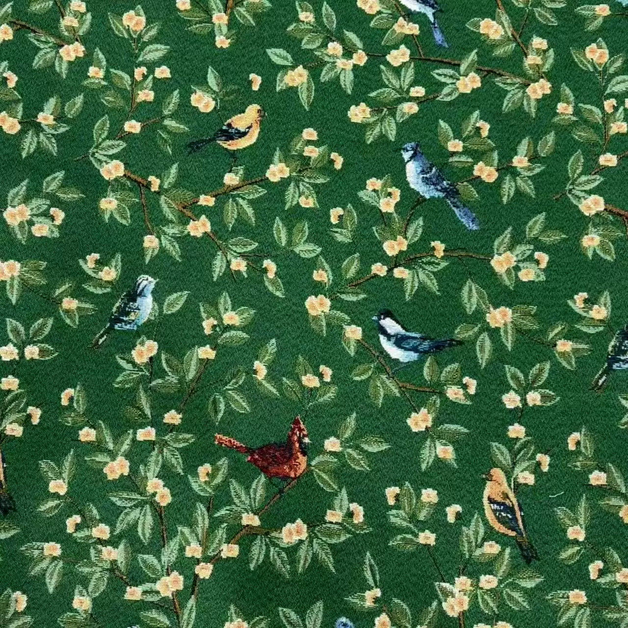 Poly Jacquard Bird & Flower Fabric, for Curtains & Linens - Green