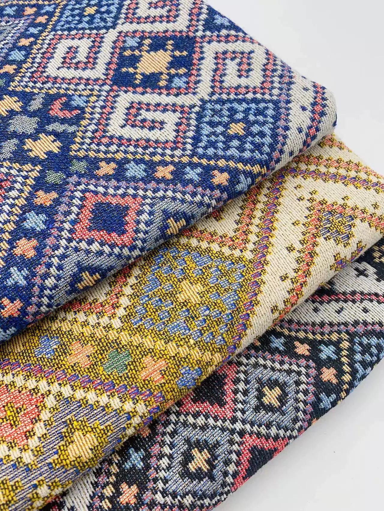 Ethnic Diamond Check Jacquard Denim Fabric, Vintage Cloth for Apparel & Bags