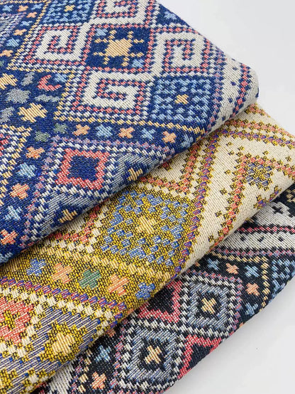 Ethnic Diamond Check Jacquard Denim Fabric, Vintage Cloth for Apparel & Bags