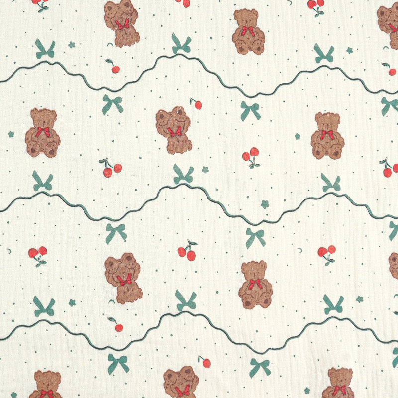 Double Gauze Cotton Fabric - Crinkle Texture Apparel & Craft by the Yard - Cherry Brown Bear