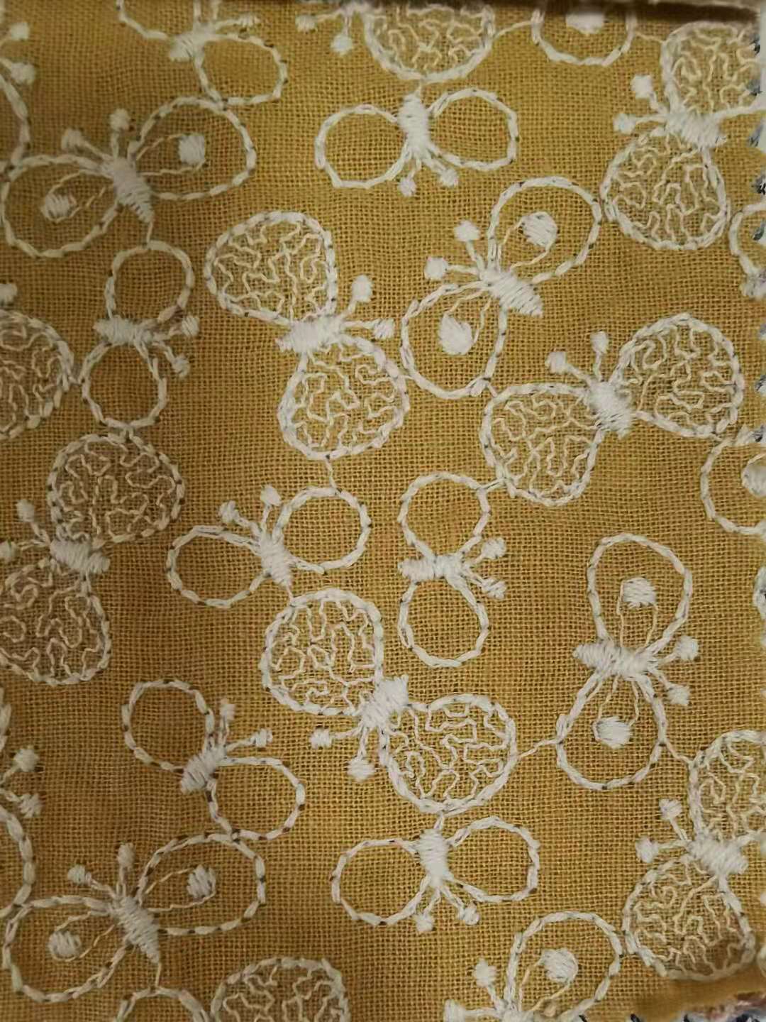 Butterfly Embroidery Linen Cotton Fabric, 49 in Wide - Yellow