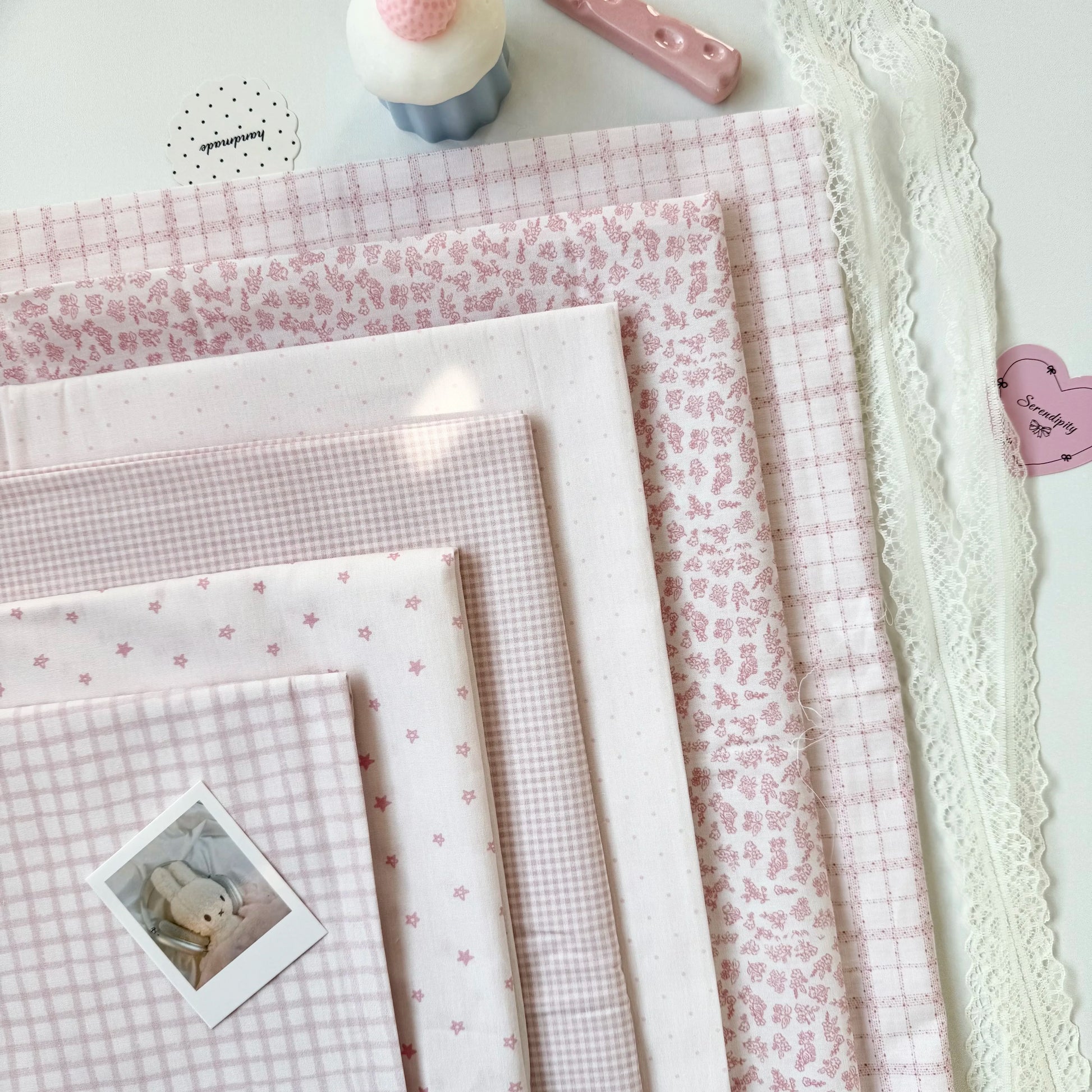 Cotton Print Fabric, Pink Star Polka Plaid, for Homewear, Doll Clothes & Scrunchies
