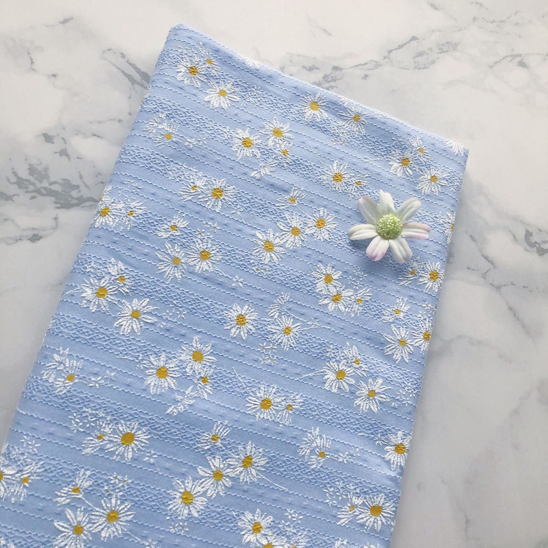 Cotton Seersucker Fabric, Daisy Print Cloth for Dresses & Sleepwear - Sky Blue