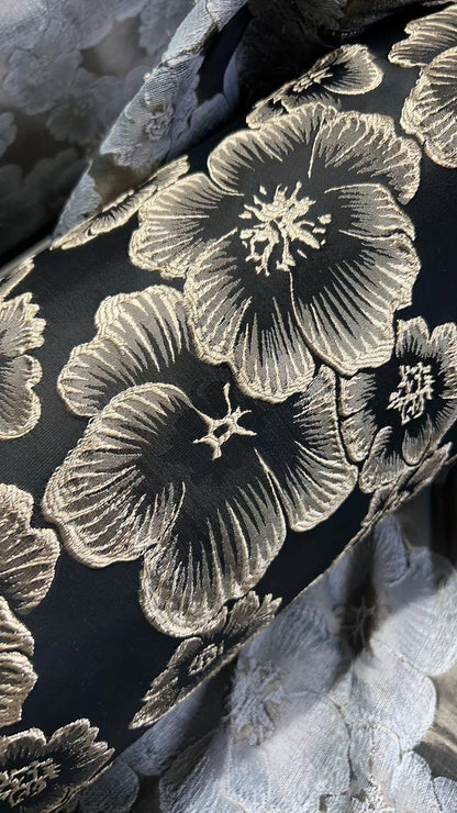 3D Floral Metallic Jacquard Fabric - Dress Jacket by the Yard - Black Gold