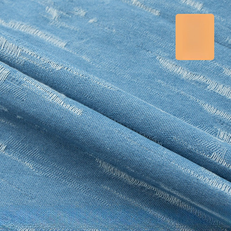 Washed Jacquard Denim Fabric, Thick Bark-Weave Cotton for Jackets & Bags - Light Blue