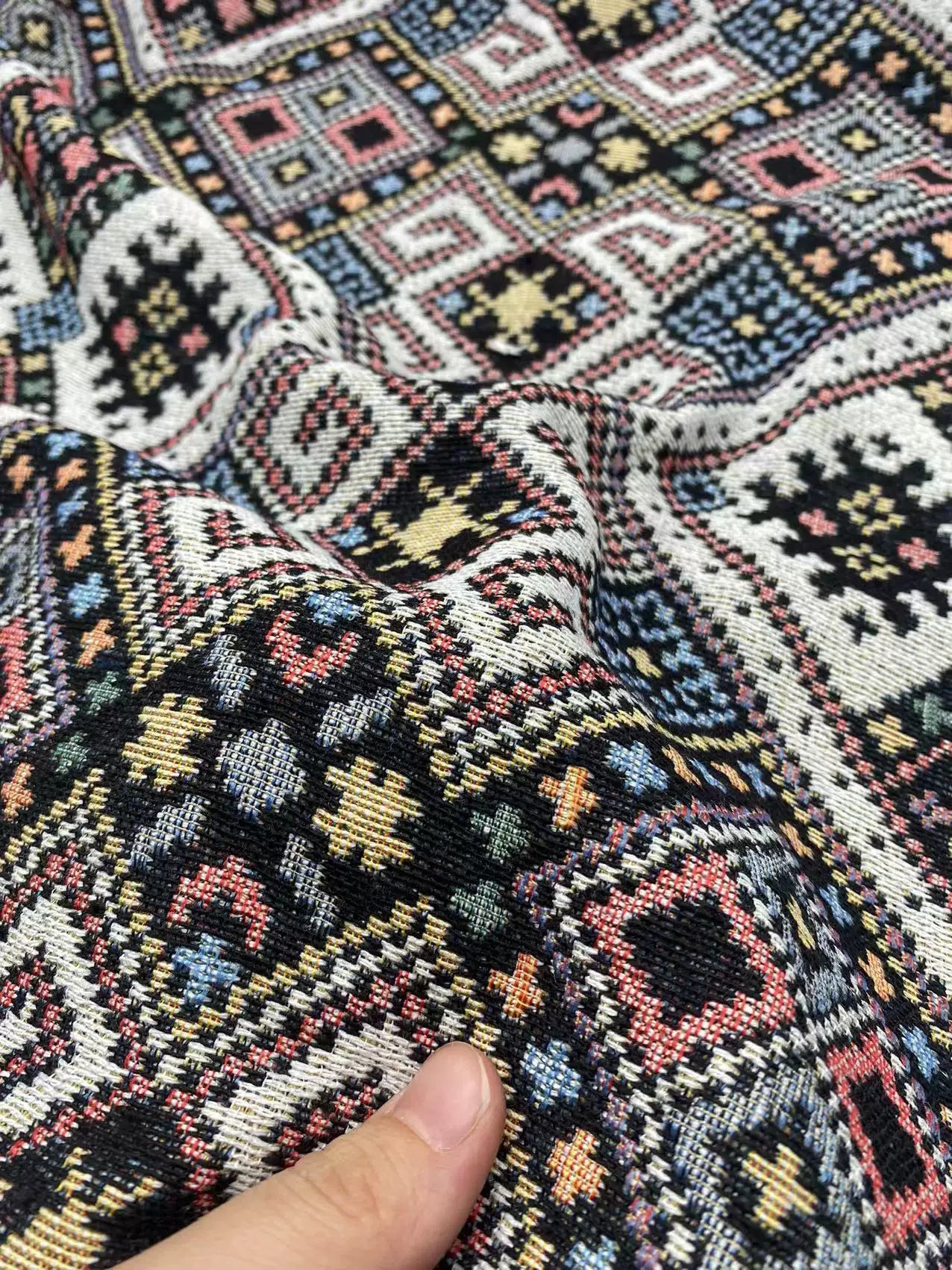 Ethnic Diamond Check Jacquard Denim Fabric, Vintage Cloth for Apparel & Bags