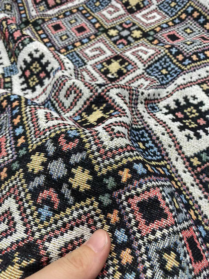 Ethnic Diamond Check Jacquard Denim Fabric, Vintage Cloth for Apparel & Bags