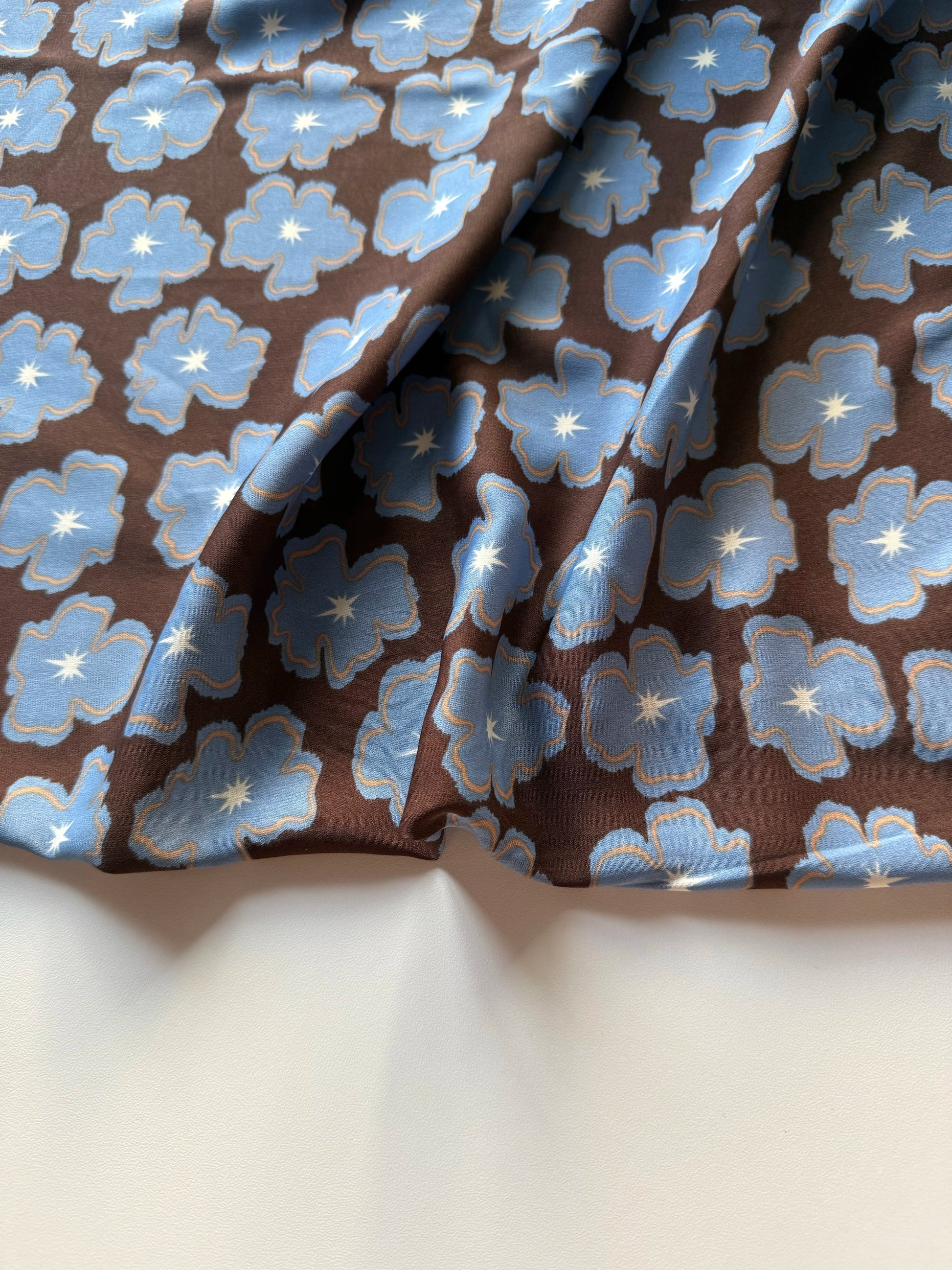 Polyester Satin Print Fabric, Blue Brown Floral, for Dresses, Blouses & Skirts
