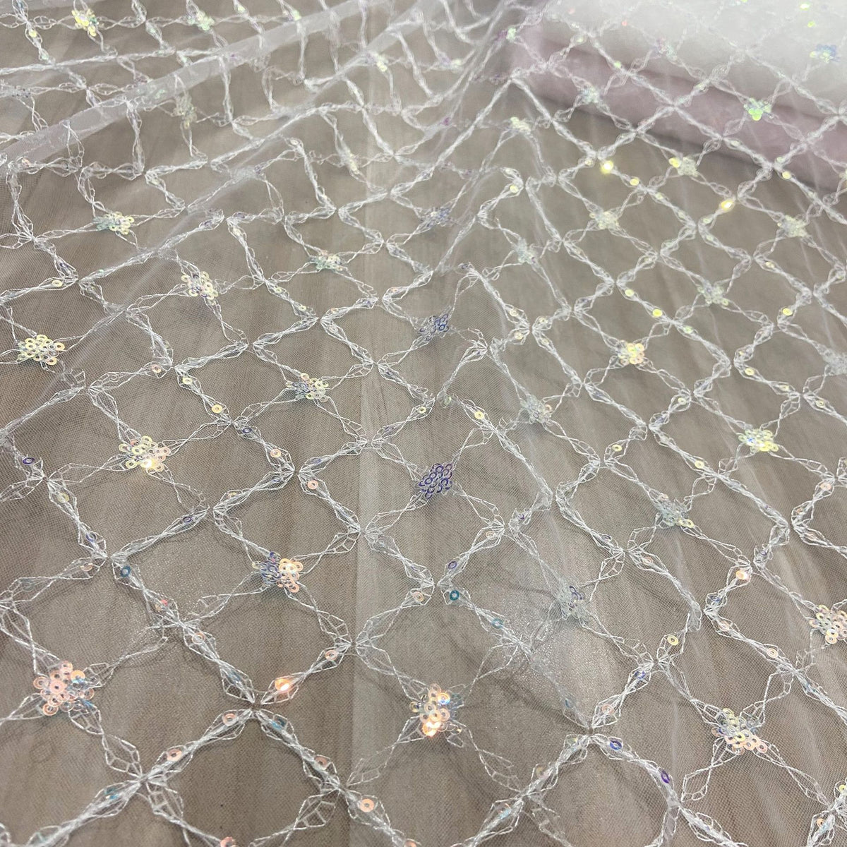 Sequin Embroidery Mesh, Diamond Grid for Apparel, 51 in Wide - White