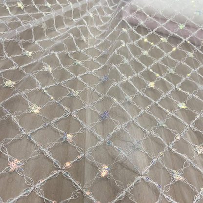 Sequin Embroidery Mesh, Diamond Grid for Apparel, 51 in Wide - White