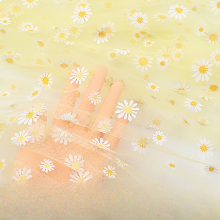 Daisy Print Polyester Gauze Fabric, Sheer Floral Mesh for Wedding & Apparel - Light Yellow