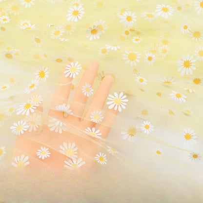 Daisy Print Polyester Gauze Fabric, Sheer Floral Mesh for Wedding & Apparel - Light Yellow