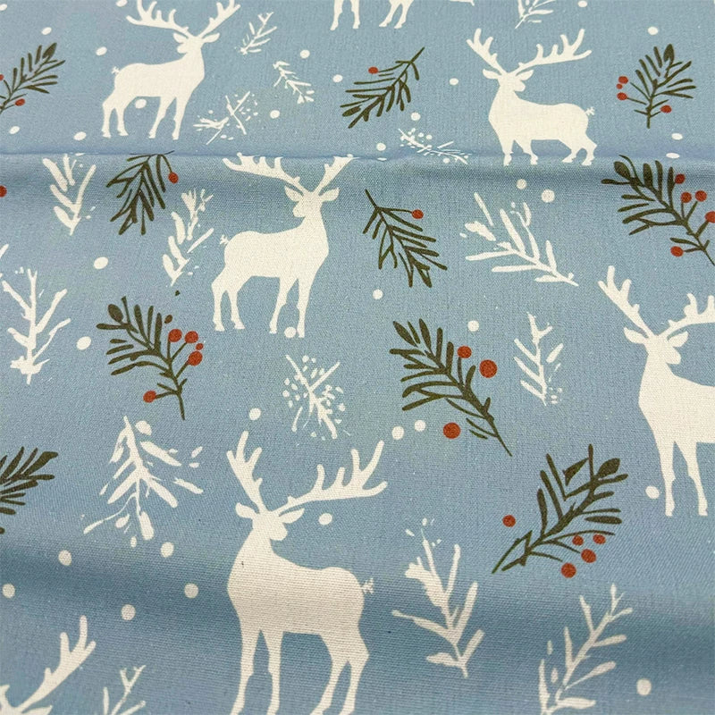 Christmas Print Cotton-Linen Fabric, Encrypted Woven Cloth for Decor & DIY - Reindeer Christmas Blue
