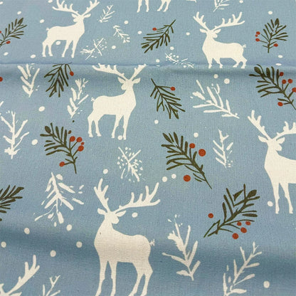 Christmas Print Cotton-Linen Fabric, Encrypted Woven Cloth for Decor & DIY - Reindeer Christmas Blue
