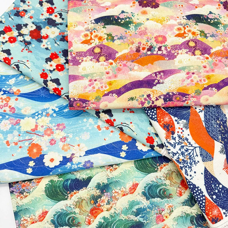 Japanese Floral Print Cotton Linen Fabric for Curtains & Decor