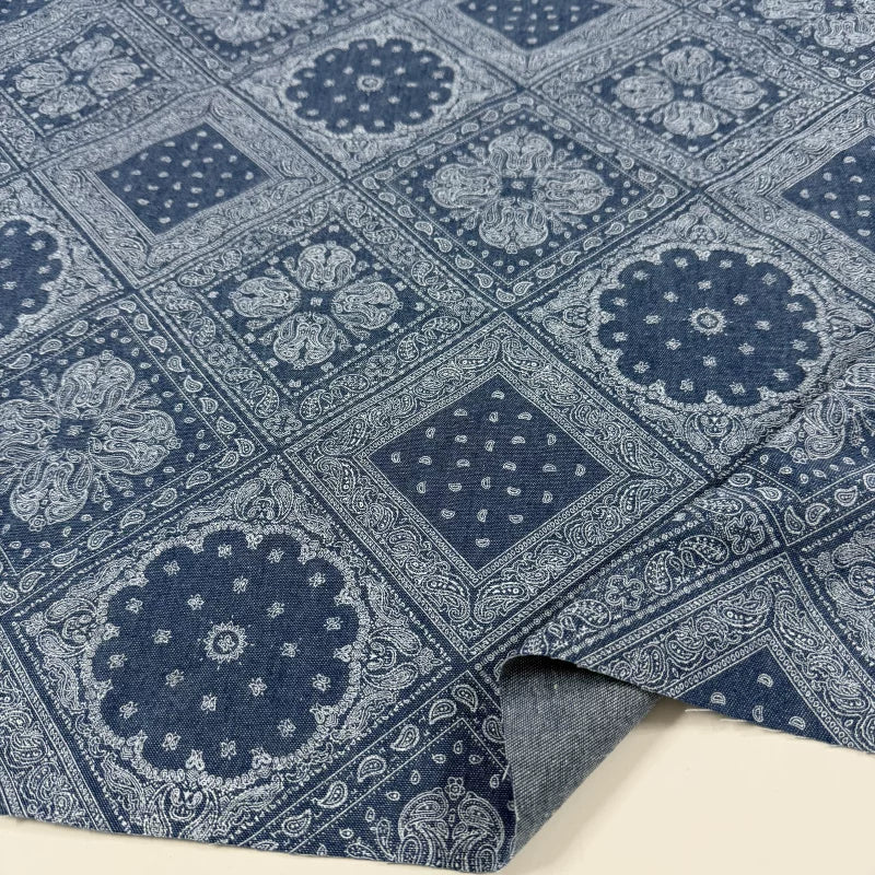 Cotton Denim Fabric, Washed Prints, for Dresses, Shirts & DIY - Emblem Paisley