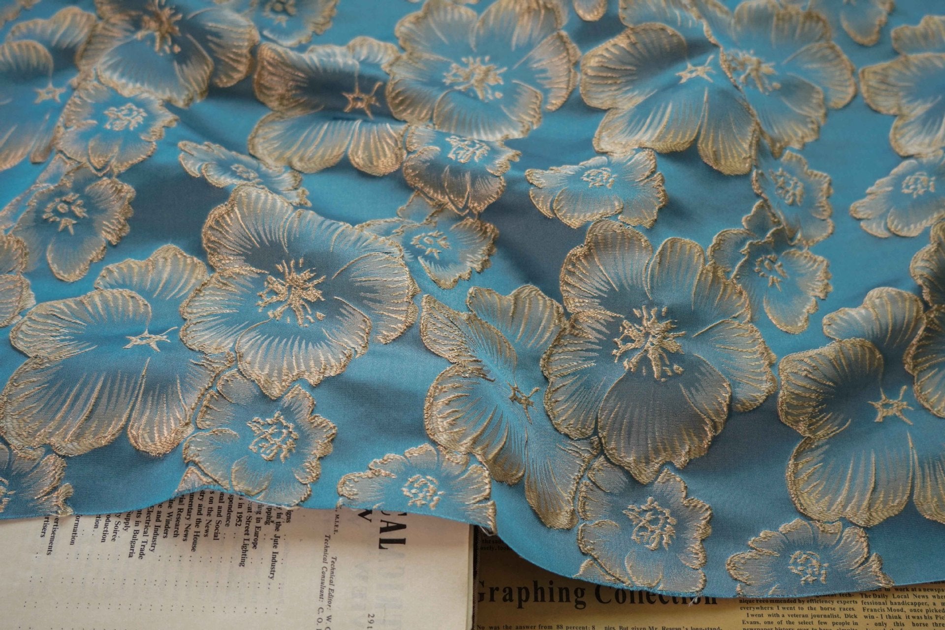 3D Floral Metallic Jacquard Fabric - Dress Jacket by the Yard - Dark Blue