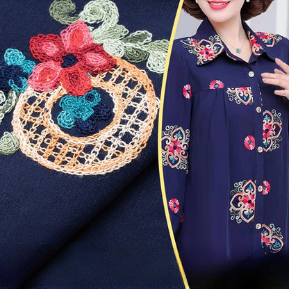 Embroidered Slub Cotton Fabric, Lightweight Woven Cloth for Shirts & Dresses - Navy