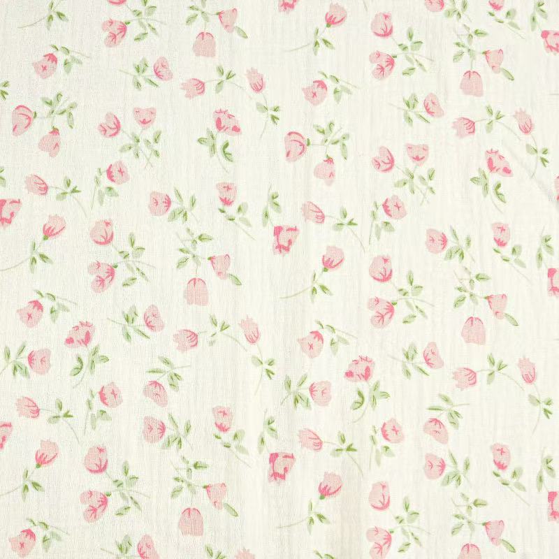 Double Gauze Cotton Fabric - Crinkle Texture Apparel & Craft by the Yard - Pink Flowers
