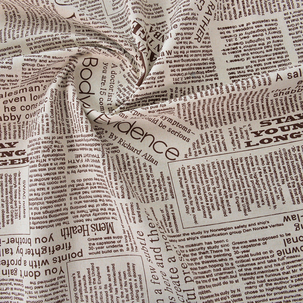 Vintage Newspaper Printed Cotton Fabric - Craft Table Linen by the Yard - Natural Base Brown Text