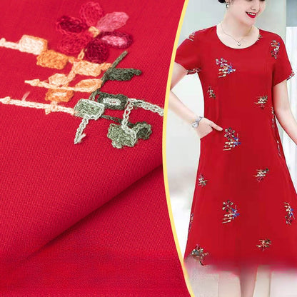 Embroidered Slub Cotton Fabric, Lightweight Woven Cloth for Shirts & Dresses - Bright Red