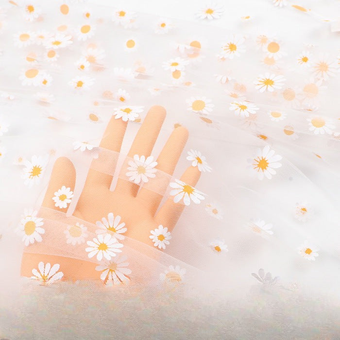 Daisy Print Polyester Gauze Fabric, Sheer Floral Mesh for Wedding & Apparel - Natural White