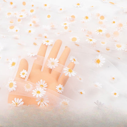 Daisy Print Polyester Gauze Fabric, Sheer Floral Mesh for Wedding & Apparel - Natural White