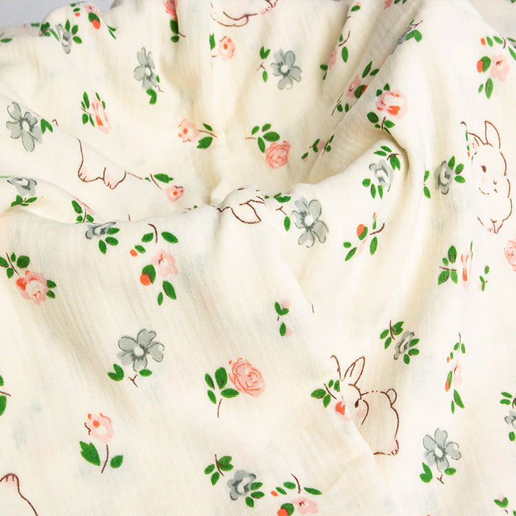 Double Gauze Cotton Fabric - Crinkle Texture Apparel & Craft by the Yard - Pink Floral Bunny