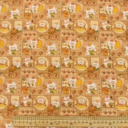 Autumn Woodland Bear Print Cotton-Linen Fabric, Cozy Fall Cloth for DIY & Decor - Patchwork