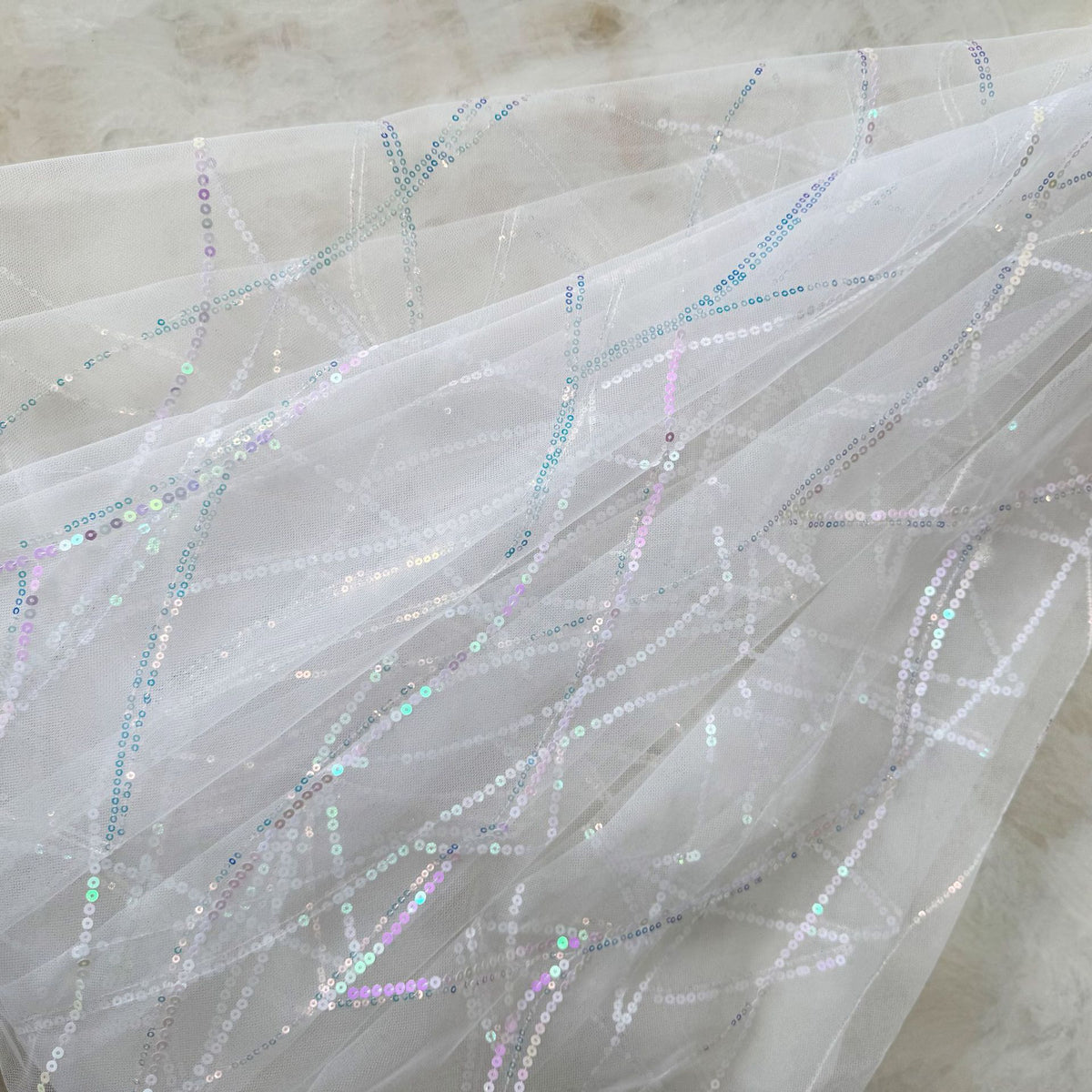 Sequin Embroidery Mesh, Abstract Line, 51 in Wide - White