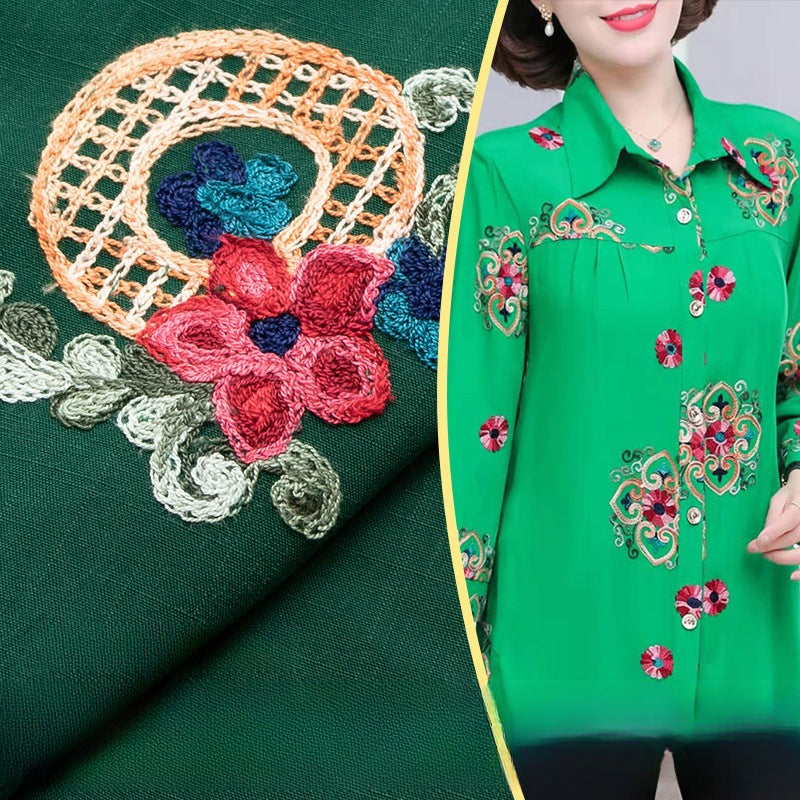 Embroidered Slub Cotton Fabric, Lightweight Woven Cloth for Shirts & Dresses - Army Green
