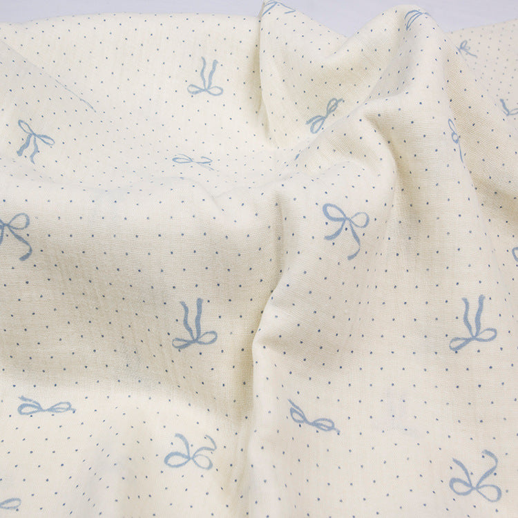 Double Gauze Cotton Fabric - Crinkle Texture Apparel & Craft by the Yard - Blue Polka Dot Bow