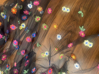Polyester Mesh Fabric with Chrysanthemum Embroidery, 100 g/m², 135 cm Wide, for Kids' Dresses, Lolita & Craft - Black