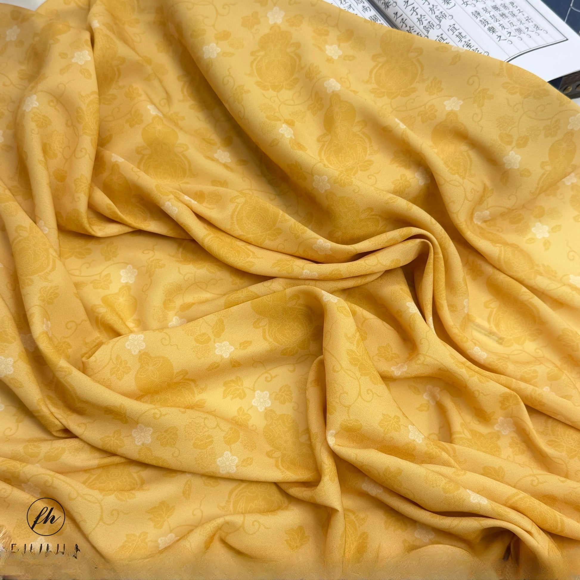 Chiffon Print Fabric with Gourd Vines, Sheer Polyester Cloth for Hanfu & Apparel
