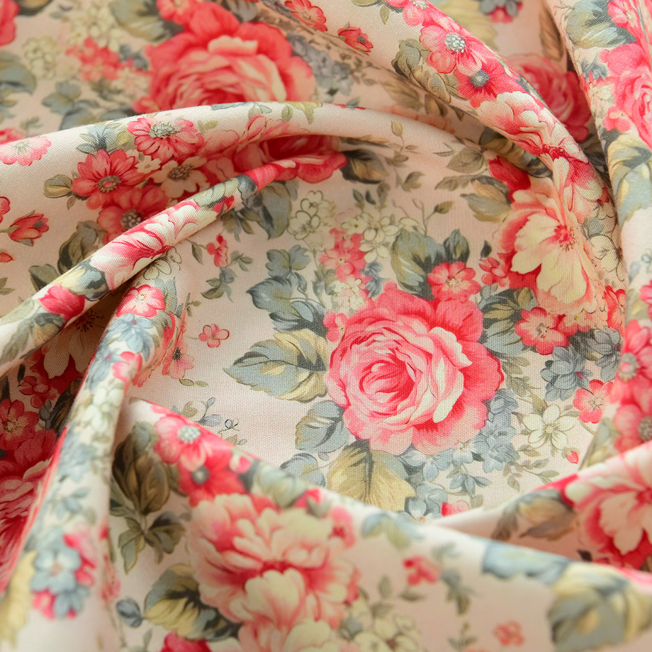 Floral Poplin Cotton Fabric - Shirt & Dress by the Yard - Red Dew Drops