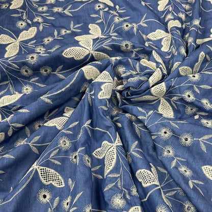 Poly-Cotton Embroidered Denim Fabric, Lightweight Denim for Shirts & Dresses