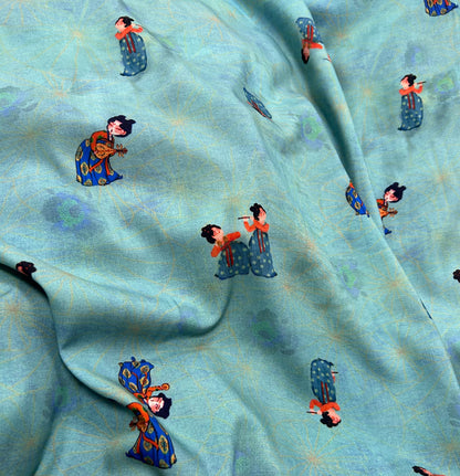 Rayon Fabric, Blue Tang Figure Print, for Vests & Dresses