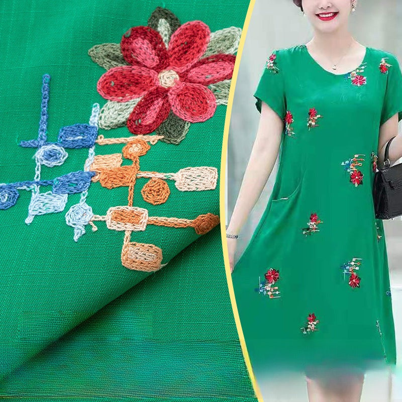 Embroidered Slub Cotton Fabric, Lightweight Woven Cloth for Shirts & Dresses - Grass Green