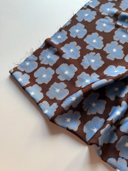 Polyester Satin Print Fabric, Blue Brown Floral, for Dresses, Blouses & Skirts